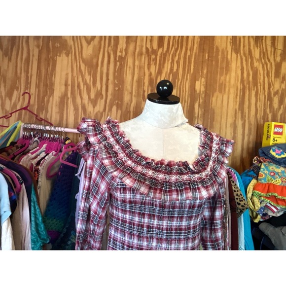 Pilcro Anthropologie Plaid Smocked Mini Dress Red Blue Off Shoulder Sz S Prarie - Picture 4 of 10